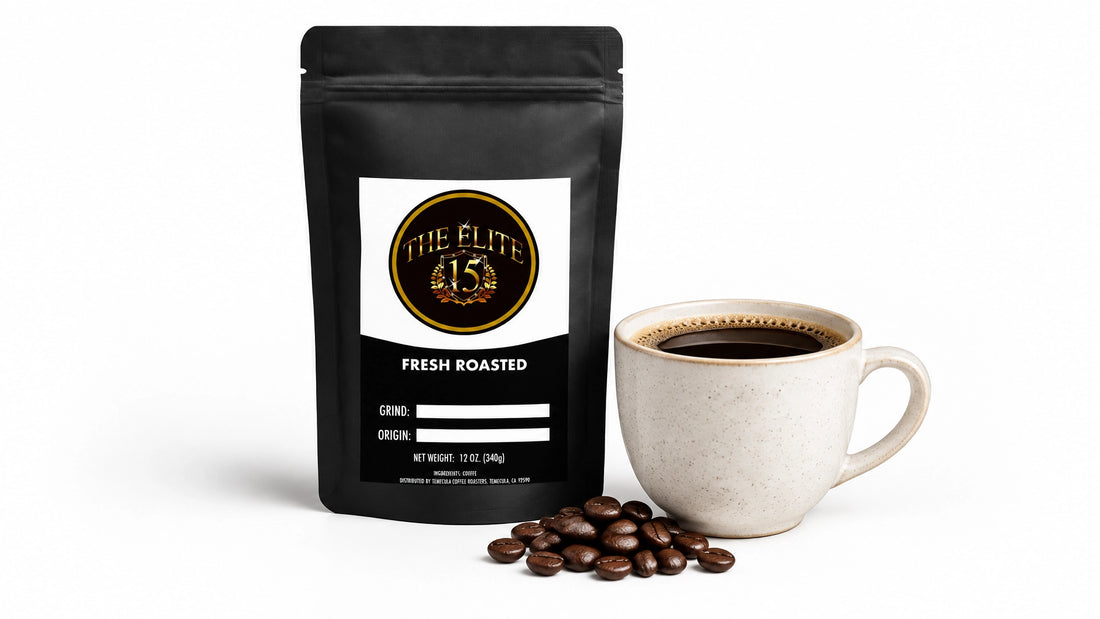 The Elite 15 premium freshly roasted coffee bag beside a brewed cup and roasted coffee beans